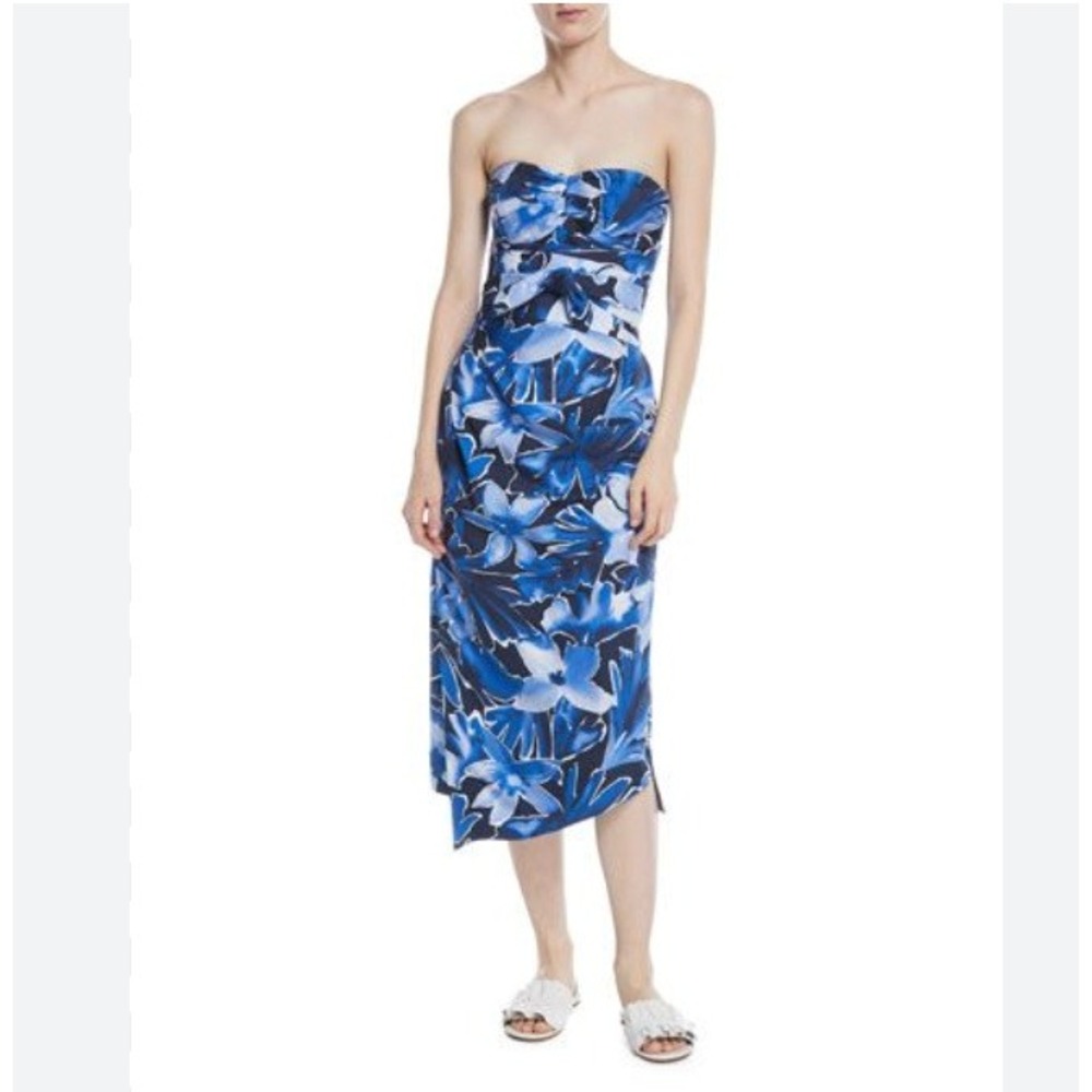 Michael Kors Collection Silk Strapless Floral Midi Dress Blue Designer Luxury - Picture 2 of 11